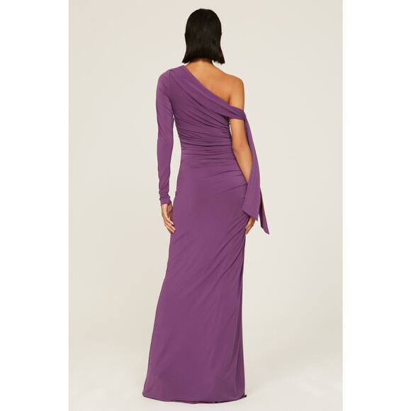 Halston Kamilah Jersey Purple One Shoulder Ruched Slit Cocktail Gown Size 4 - Picture 3 of 16